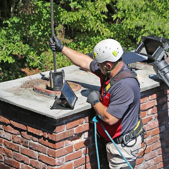 A person using inspection equipment and a screen at the top of a brick chimney