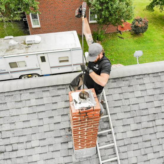 Overhead view of a person working with a cleaning rod at a rooftop flue